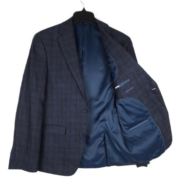 Bar III Mens Slim Fit Linen Sport Coat Blazer 36R Navy Blue Windowpane Plaid NWT - Picture 2 of 5